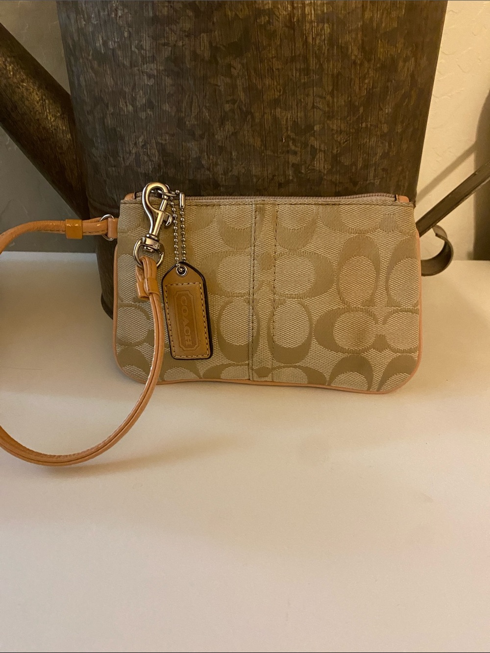 Coach Signature Canvas Wristlet in Beige and Tan